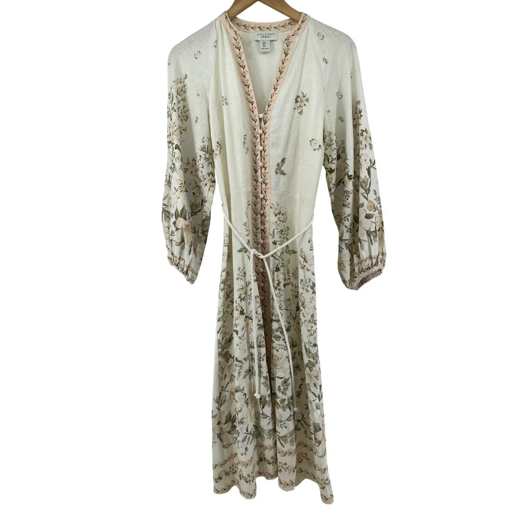 Calypso Maxi Dress Womens Small Floral Cottagecore Linen Blend Garden Party Boho